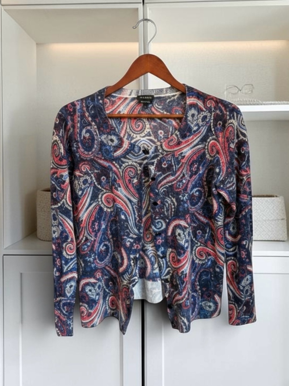 Talbots Classic Merino Wool Paisley Button Front Cardigan Sweater L Blue/Rose